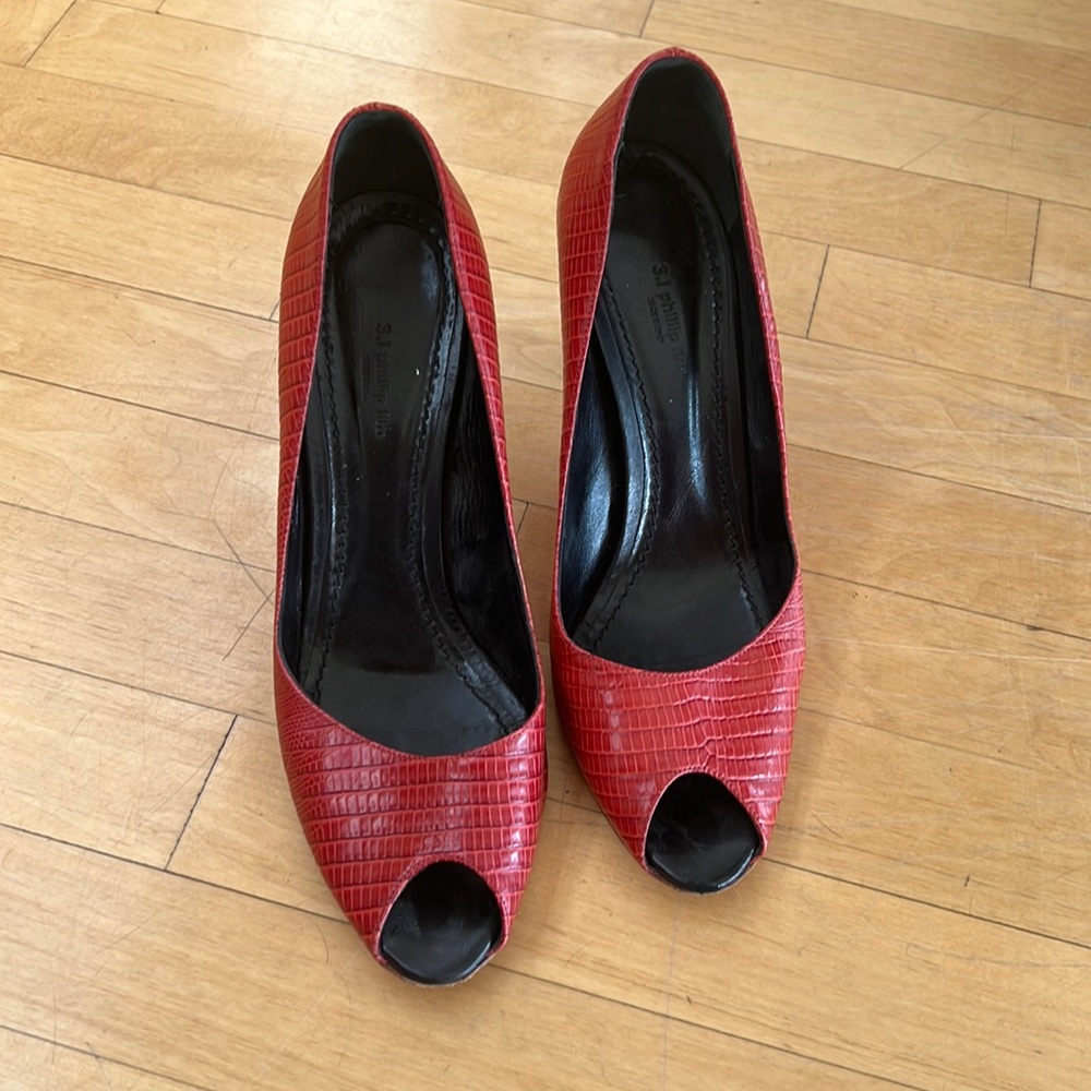 Vintage 90’s 3.1 Phillip Lim red leather peep toe high heels.